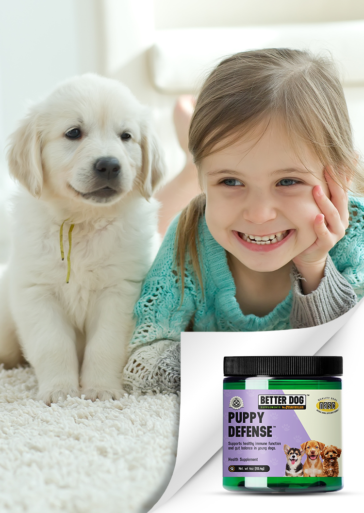 Happy young girl sitting beside a white puppy indoors, with a “Better Dog Puppy Defense” supplement jar displayed in the foreground.