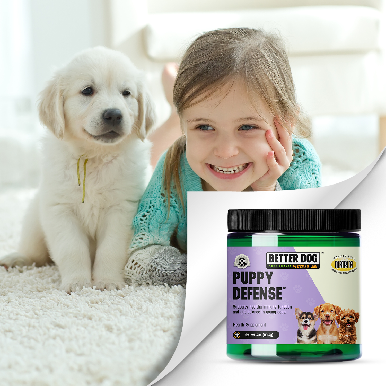 Happy young girl sitting beside a white puppy indoors, with a “Better Dog Puppy Defense” supplement jar displayed in the foreground.