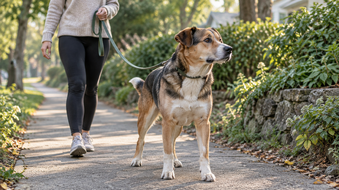 A mixed-breed dog standing alert on a neighborhood path while its owner walks behind on a loose leash