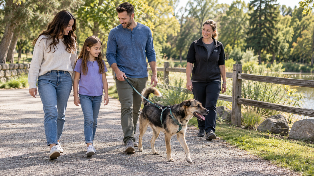 A family walking calmly with an adoptable mixed-breed dog and an adoption counselor in a park