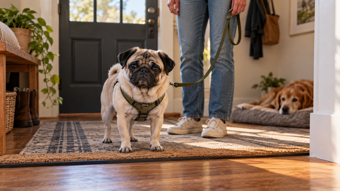 A rescue pug waiting calmly at a home entryway while its owner provides structure on a loose leash