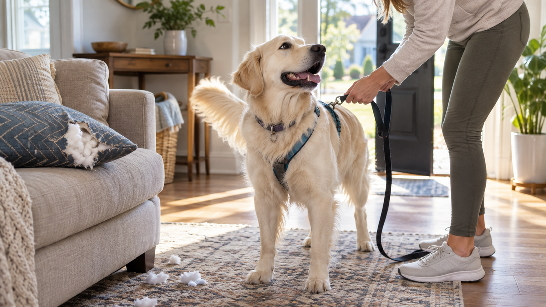 A young cream Golden Retriever getting ready for a walk beside a torn couch pillow