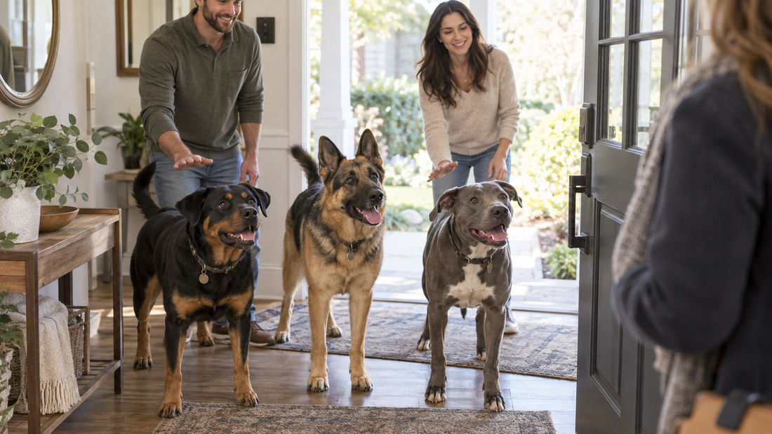 Three alert dogs waiting inside an entryway while their owners calmly guide them as a guest arrives