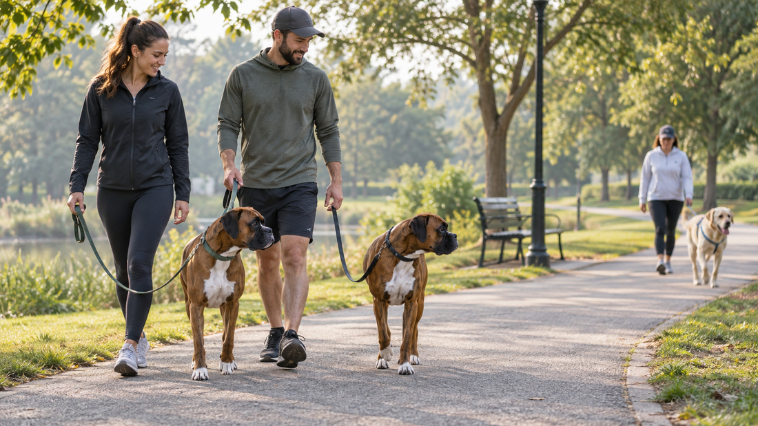 Two Boxers walking on loose leashes while a calm Labrador passes at a safe distance