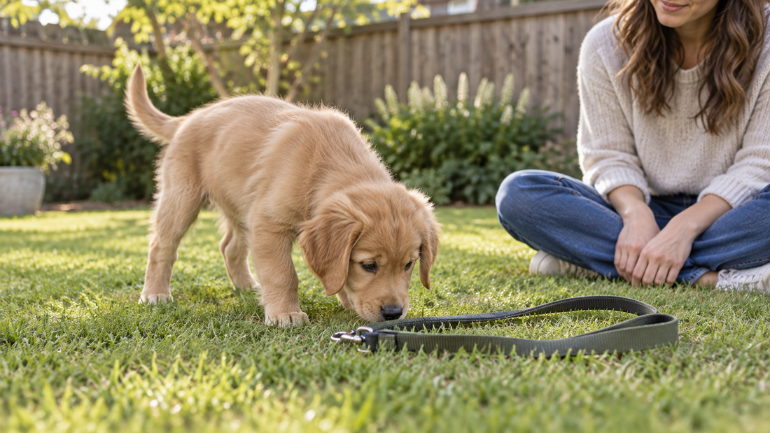 A Golden Retriever puppy calmly sniffing a loose fabric leash while its owner waits nearby
