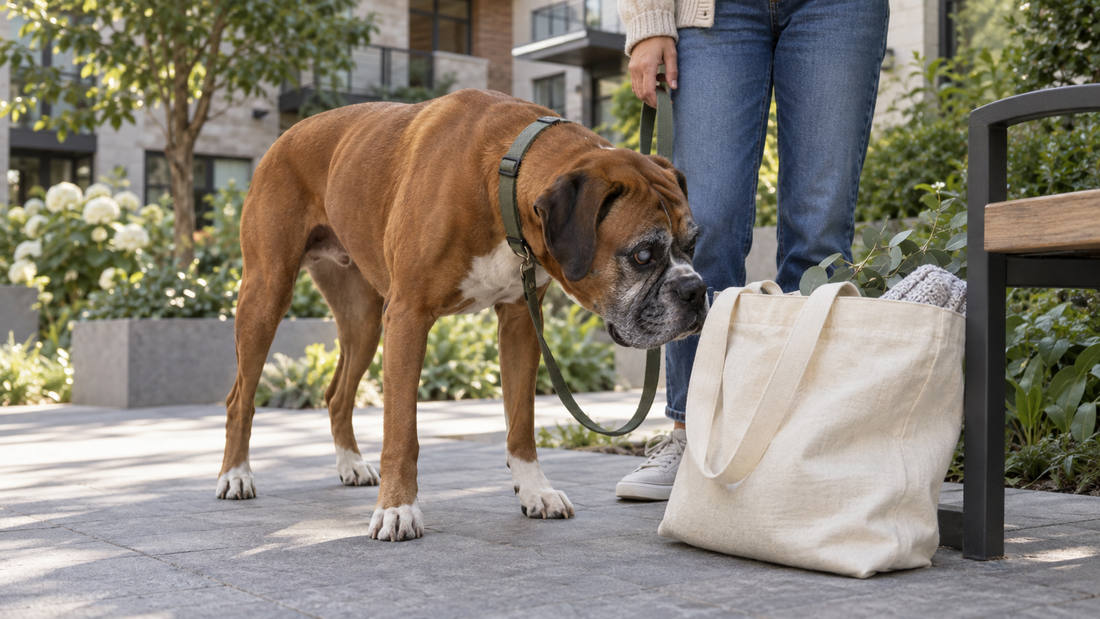 An older Boxer with limited vision calmly investigating a canvas tote while its owner holds a loose leash