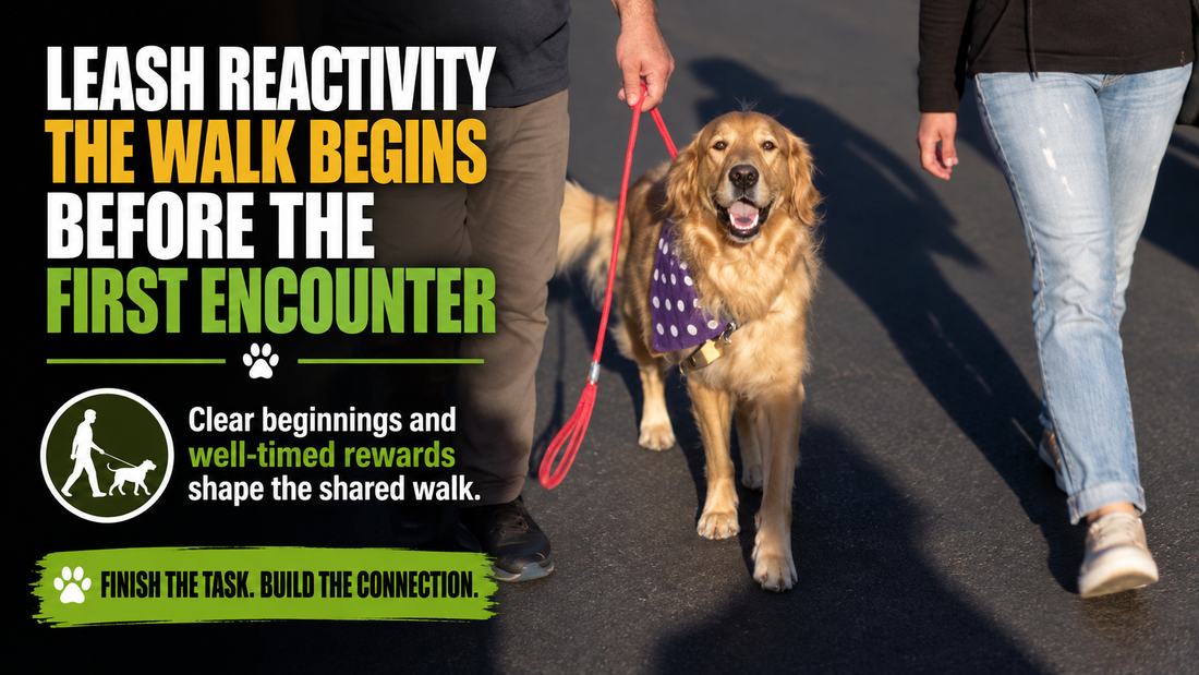 Fergus walking between his humans under a headline about leash reactivity and the beginning of a walk.