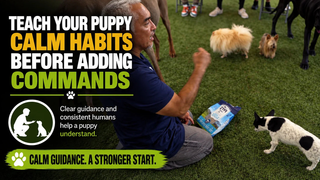 Puppy training cover with a waiting puppy and calm-habits headline