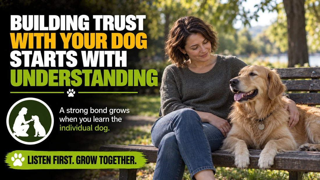 Conceptual photo of a woman and relaxed dog beneath the trust article headline