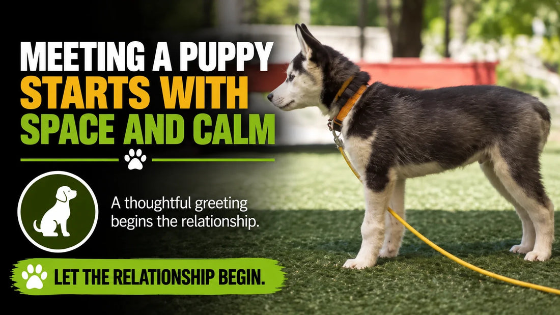 A husky puppy stands in the training yard beside the headline Meeting a Puppy Starts With Space and Calm.