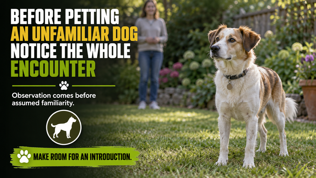 A dog outdoors beside the headline Before Petting an Unfamiliar Dog, Notice the Whole Encounter.