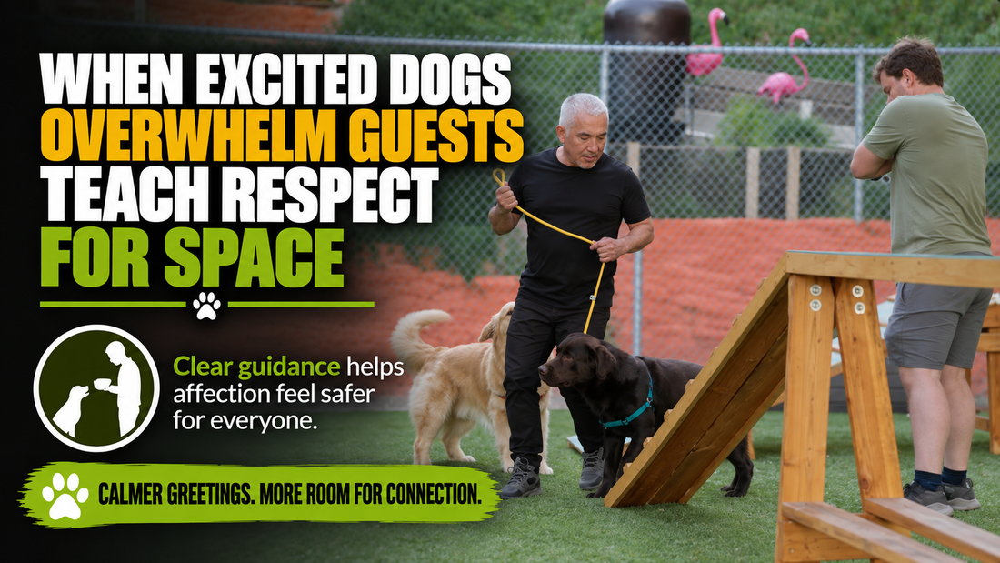 Cesar with Bruce and Teddy beside a ranch obstacle under a headline about respect for space.