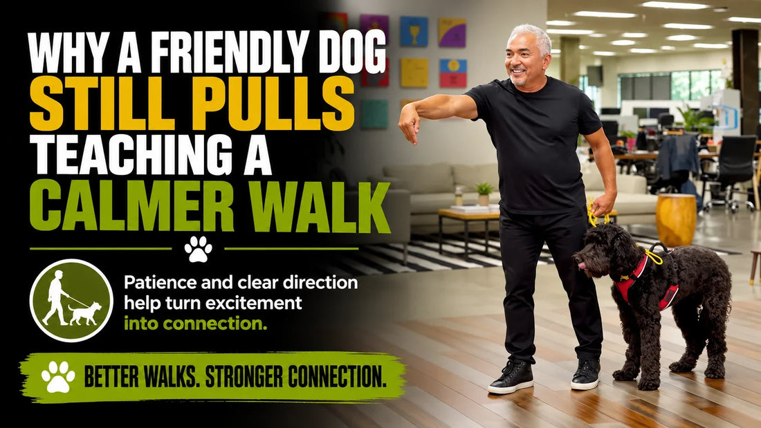 Cesar and Onyx under a headline about teaching a calmer walk.
