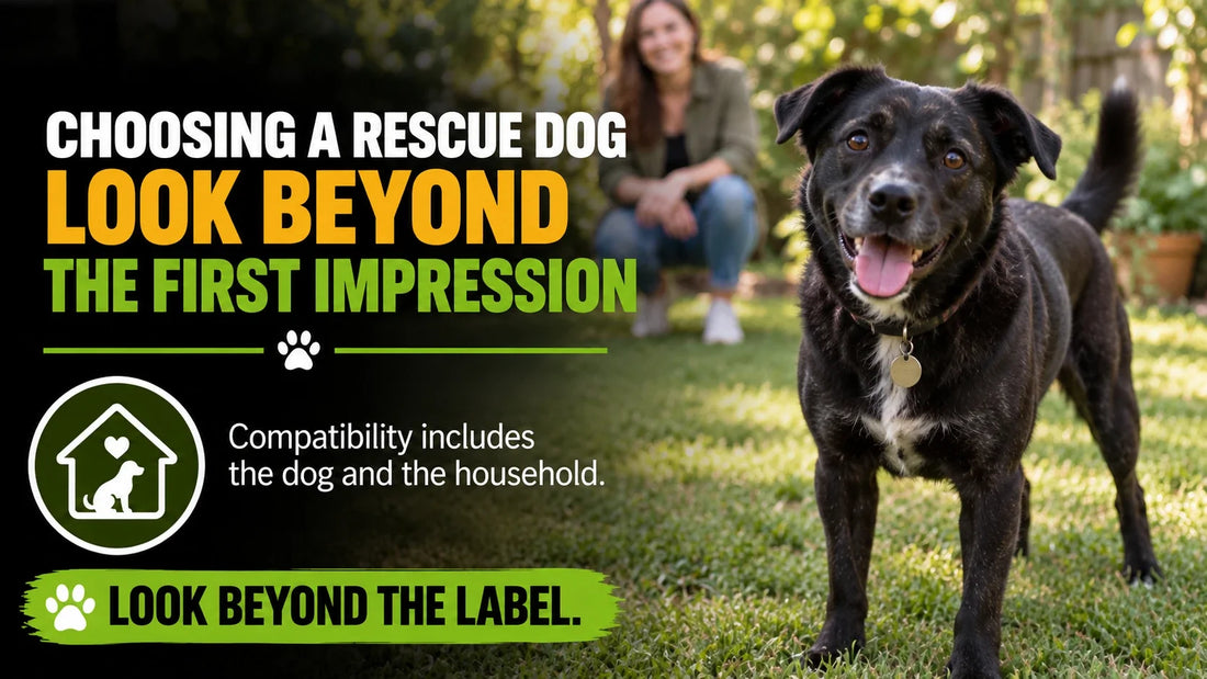 A rescue dog outdoors beside the headline Choosing a Rescue Dog: Look Beyond the First Impression.