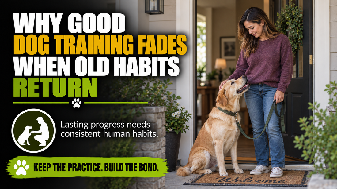 A pet parent and dog at a doorway beneath a cover headline about consistent human habits.
