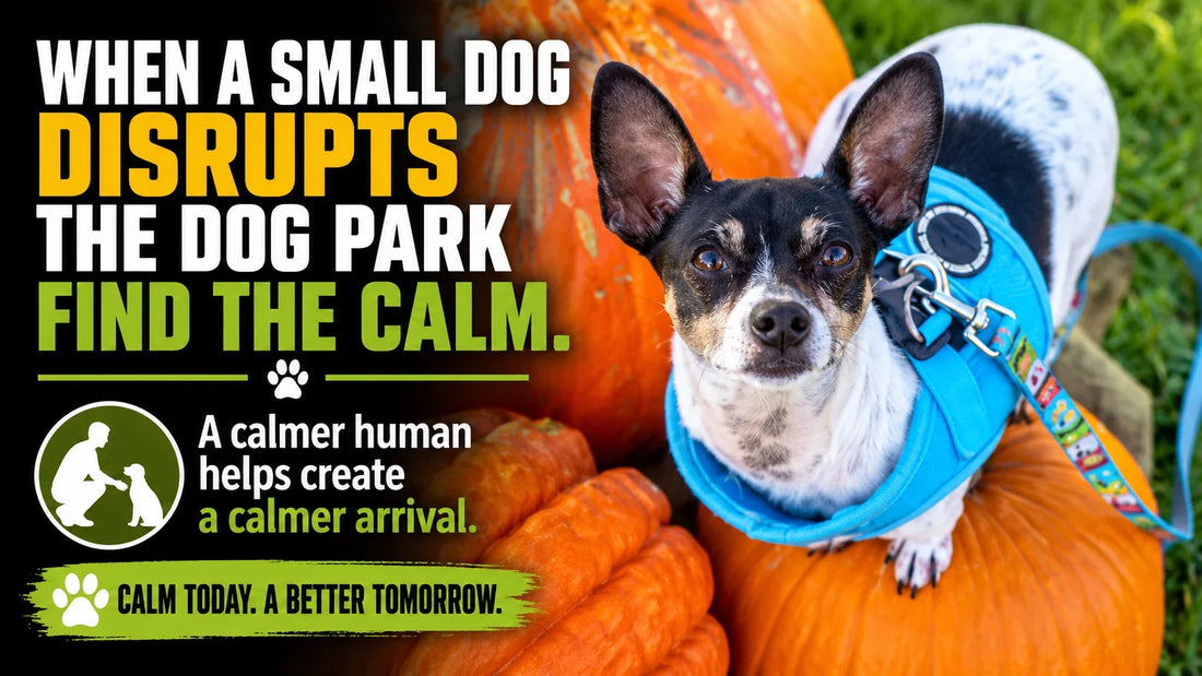 Isaboo in a blue harness, with a headline about calmer dog park visits.