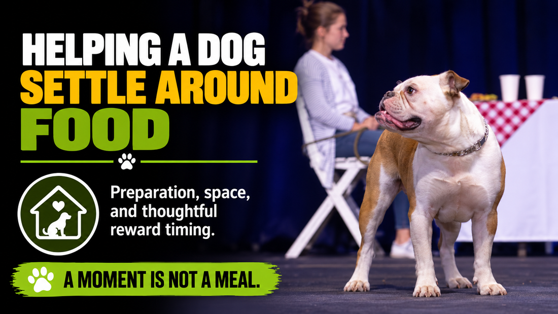 Bruno stands beside a table next to the headline Helping a Dog Settle Around Food.