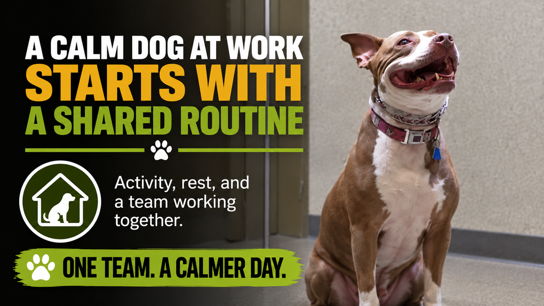 Opal sits in the clinic beside the headline A Calm Dog at Work Starts With a Shared Routine.