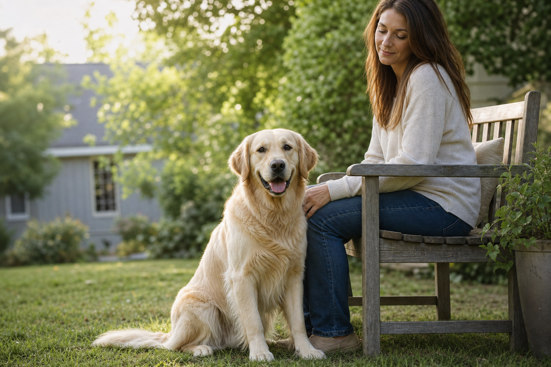 A calm dog resting comfortably beside a pet parent in a peaceful backyard