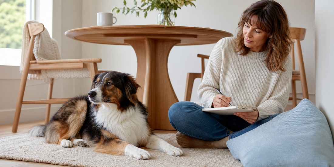 A thoughtful pet parent observing a relaxed dog beside a notebook in a bright home