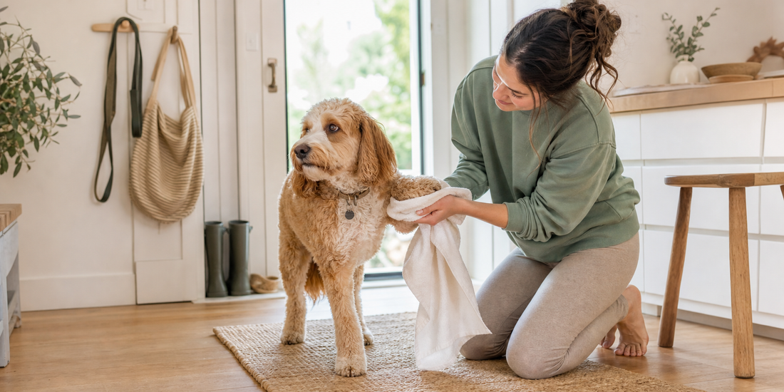 A pet parent gently wiping a dog's paws after a walk in a bright entryway