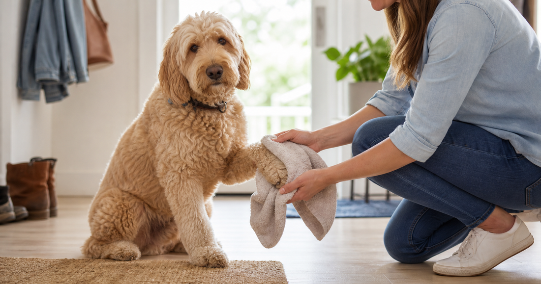 A calm dog having its paws gently wiped after a walk in a clean home