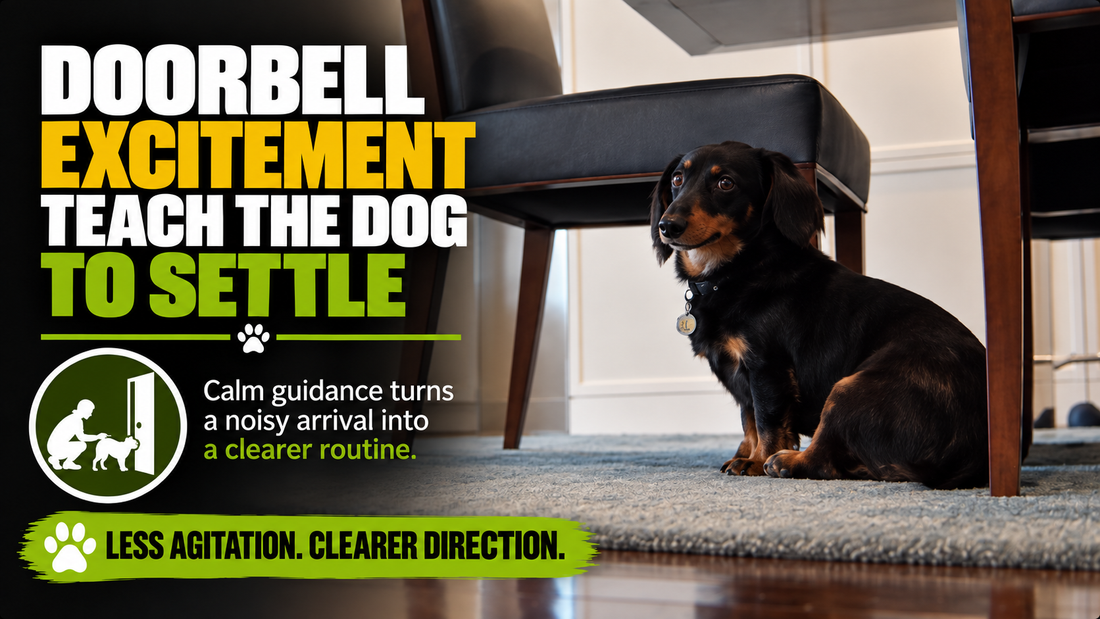 Doorbell Excitement: Teaching a Dog to Settle Before Moving On. Jose, a dachshund, sits beneath a dining table as Jessica gives direction.
