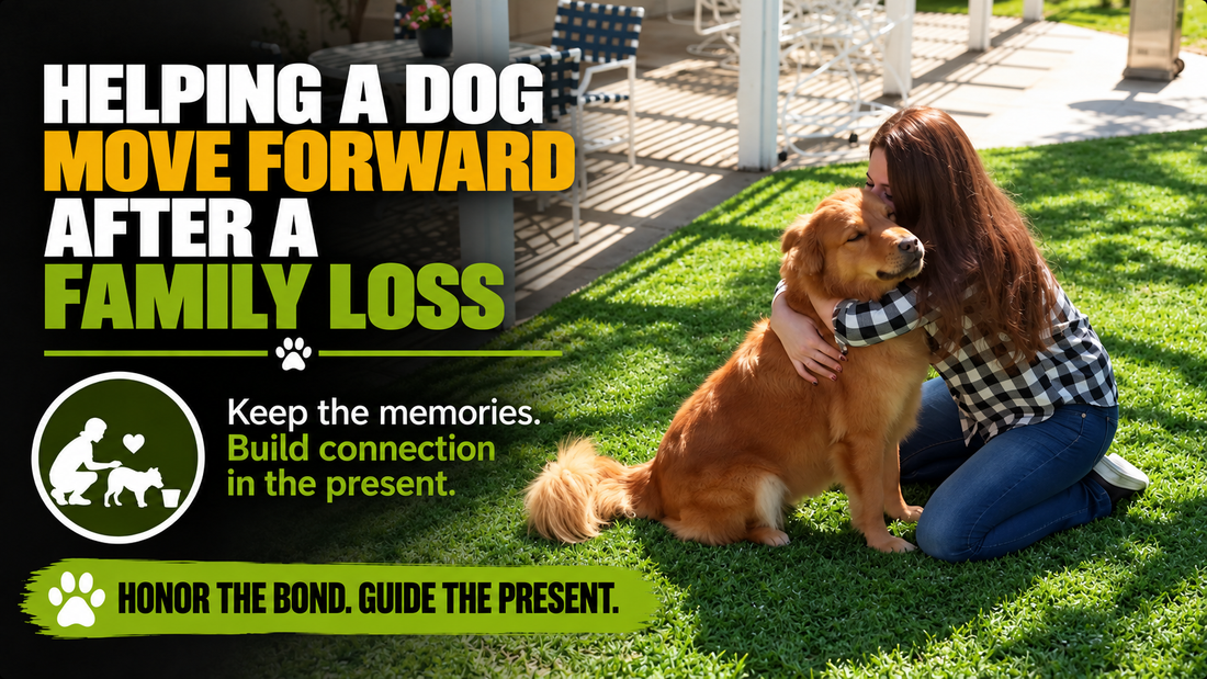 Helping a Dog Move Forward After a Family Loss. Caitlyn kneels beside Leon, a golden Chow Chow, on the grass.