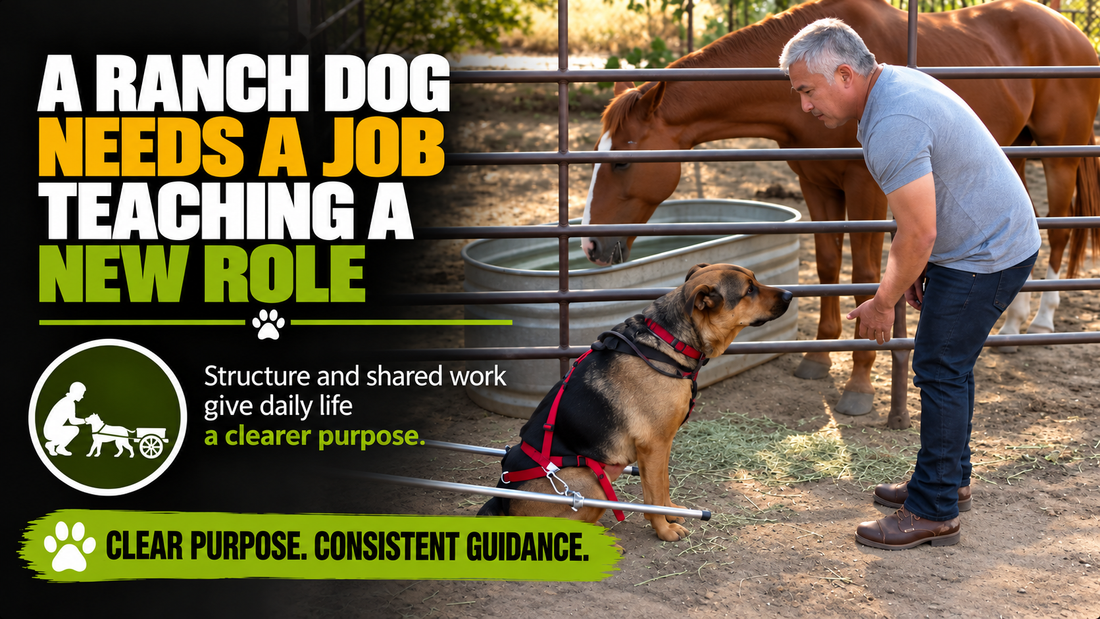 A Ranch Dog Needs a Job: Teaching a New Role Around Livestock. Bodie sits in a cart harness beside Cesar with a horse behind the fence.
