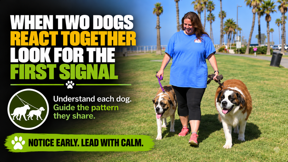 When Two Dogs React Together, Look for the First Signal. A pet parent walks Levi and Phoebe, two Saint Bernards, at a rescue gathering.