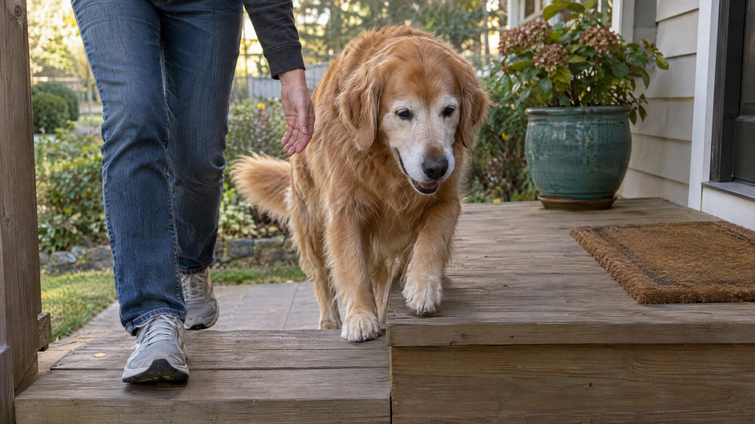An older golden retriever with a gray muzzle stepping up onto a porch on its own while its owner walks beside it with a hand ready to help