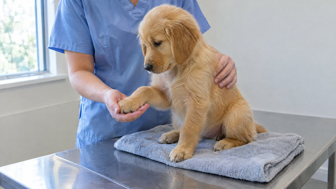 A calm golden retriever puppy sitting on a vet's exam table with a front paw resting in the vet's hand