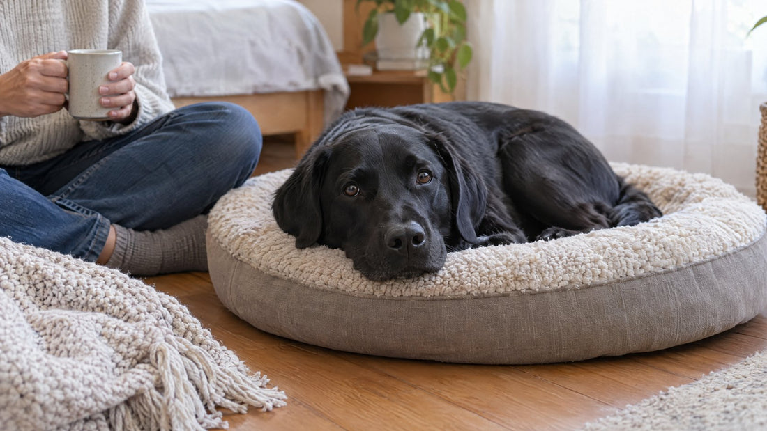 A black Labrador lying quietly on a round dog bed while its owner sits nearby with a mug