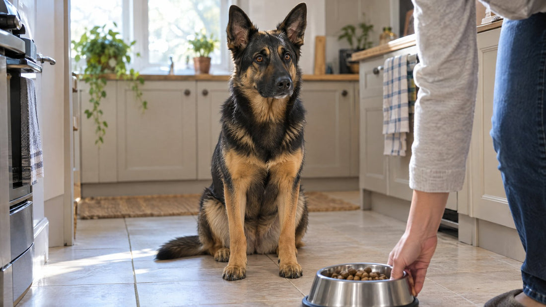 An alert German shepherd mix sitting in a sunny kitchen while its owner sets down a bowl of food