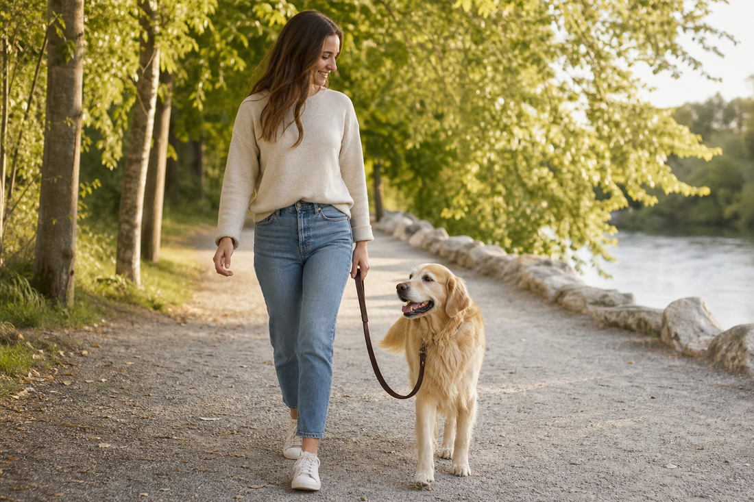 A calm dog walking beside a relaxed pet parent on a quiet path