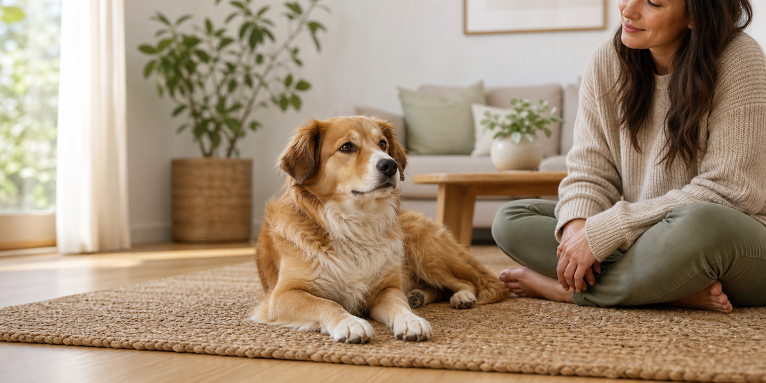 A relaxed dog lying near a calm pet parent in a bright living room