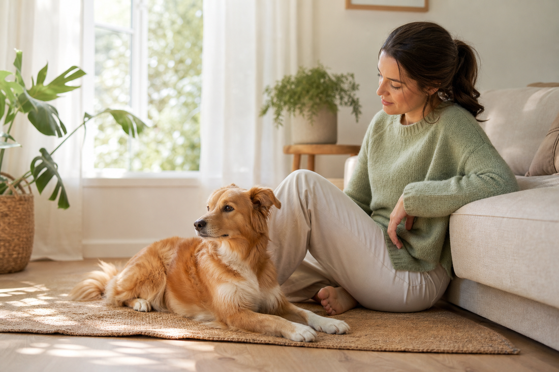 A calm dog resting near a grounded pet parent in a sunlit room