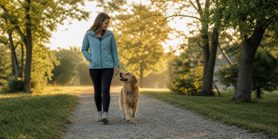 A calm dog walking in step with a relaxed pet parent on a quiet morning path