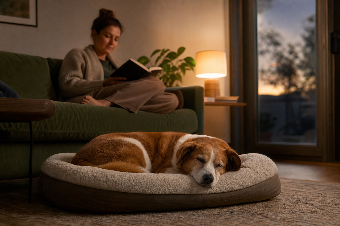 A calm dog resting peacefully on a bed while a pet parent sits nearby in a warm evening living room