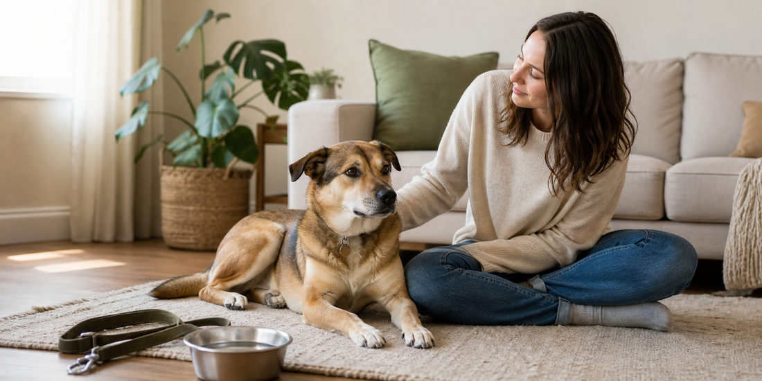 Calm dog resting near a supportive pet parent at home