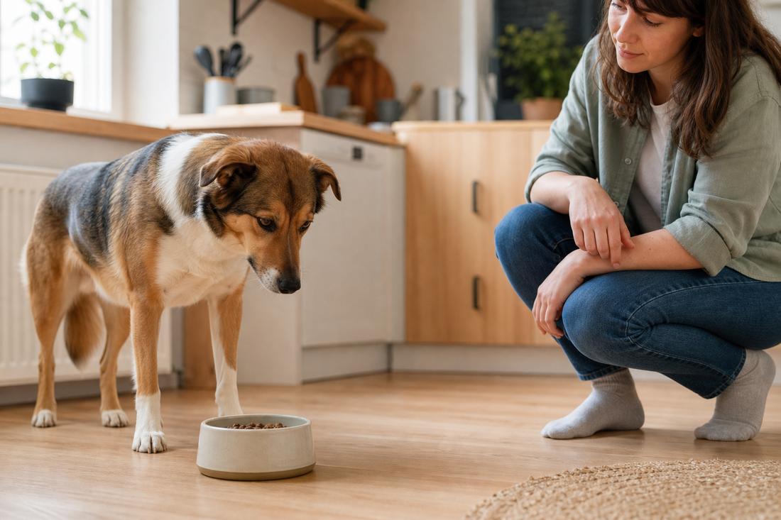 A calm dog pausing near a food bowl in a warm home kitchen while a pet parent kneels nearby supportively