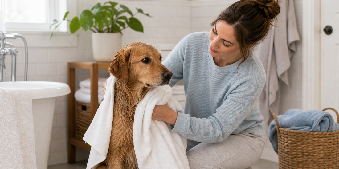 Dog being gently dried with a towel after bath time