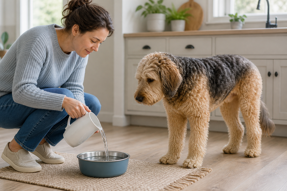 Dog near a fresh water bowl while an adult human refills it in a bright home setting