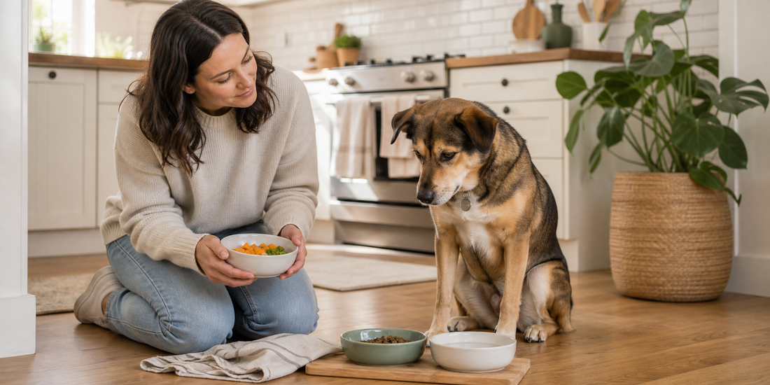 Dog and pet parent in a calm kitchen routine focused on daily wellness