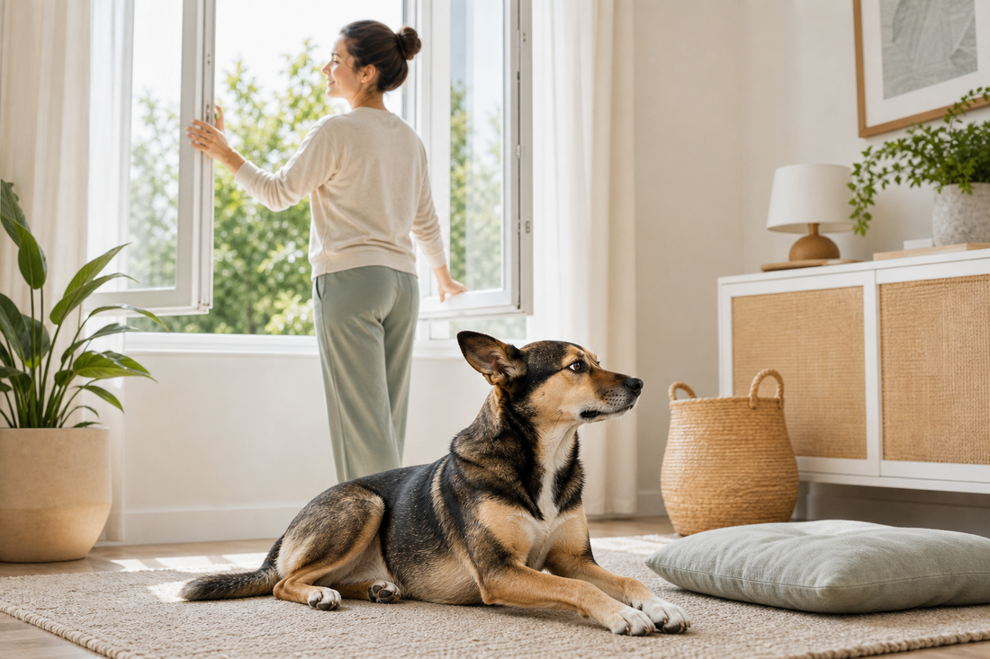 Calm dog resting indoors while a human freshens a clean bright room