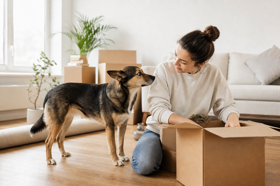 Dog staying close to a relaxed human while unpacking in a calm new home