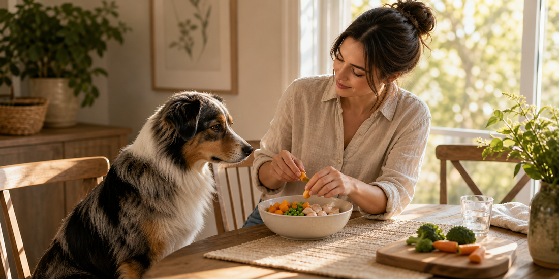 Healthy dog with a shiny coat beside a calm pet parent at home