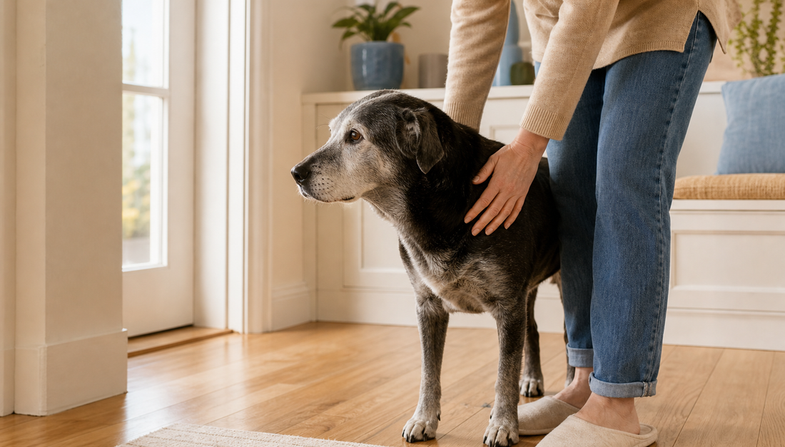 Senior dog standing calmly beside an adult human in a peaceful home entryway