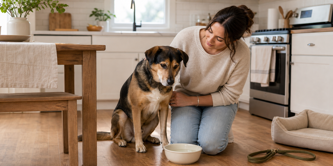 Calm dog in a home routine setting with a supportive pet parent