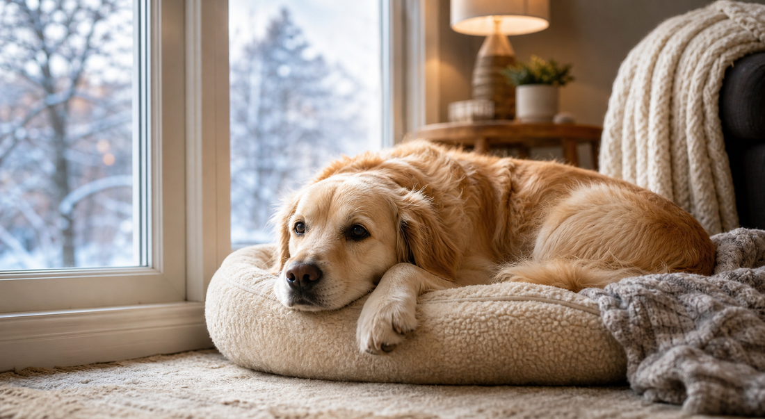 A calm dog resting indoors near a window during cool seasonal weather to illustrate dry skin support